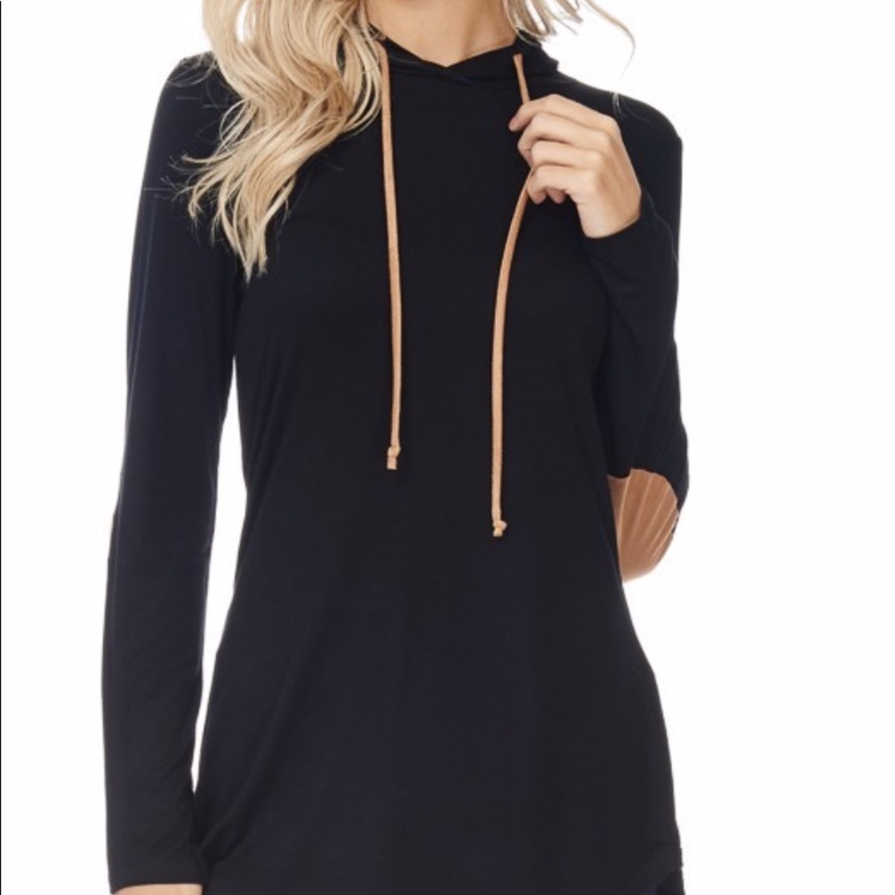 Black hooded pullover with suede patch sleeves